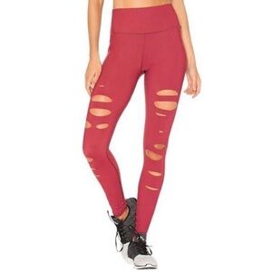 ALO Yoga Ripped Warrior Leggings Red High Waist Laser Cut Full Length Small